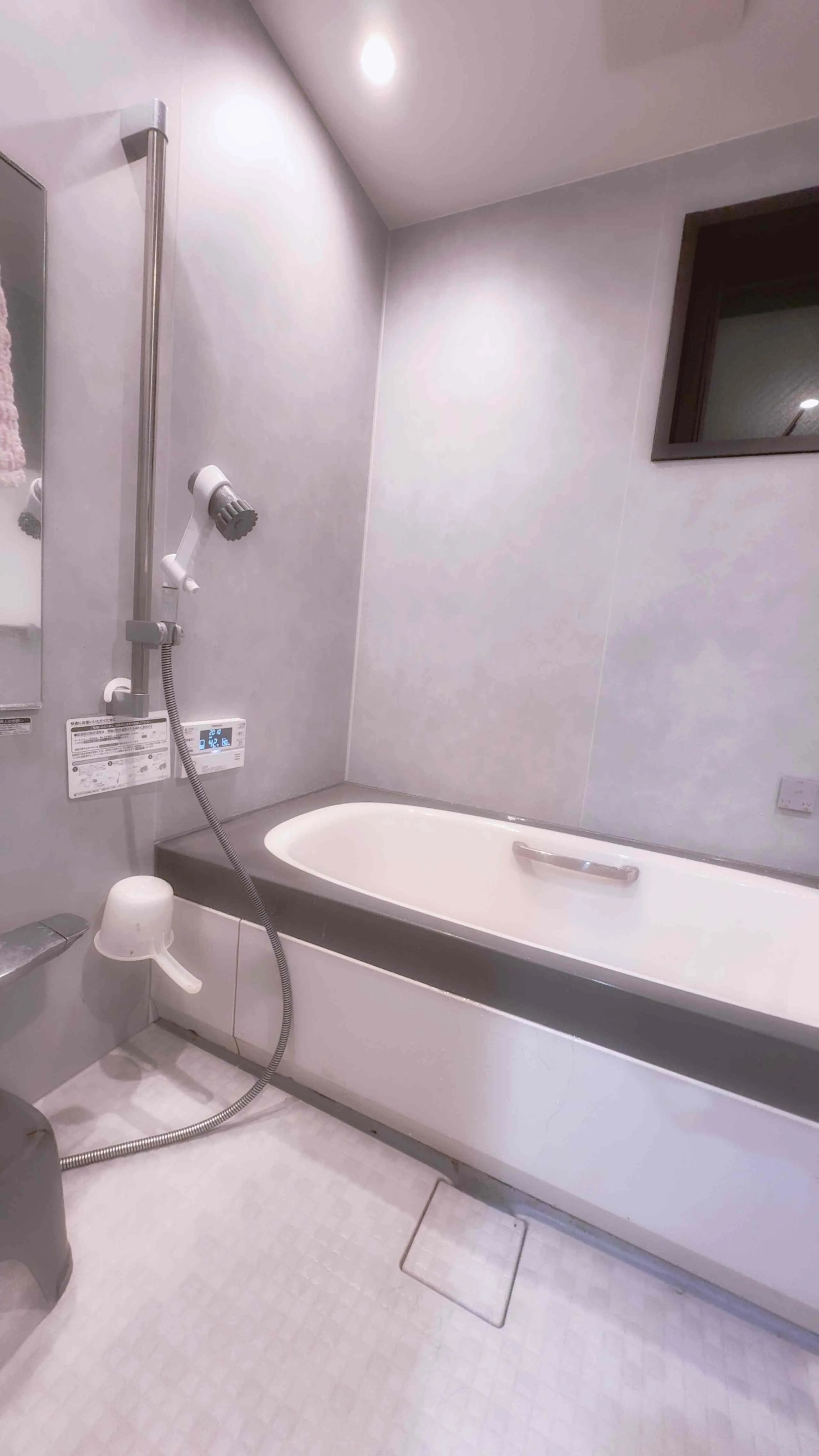Japanese soaking bathtub with a handheld shower in a light grey bathroom.