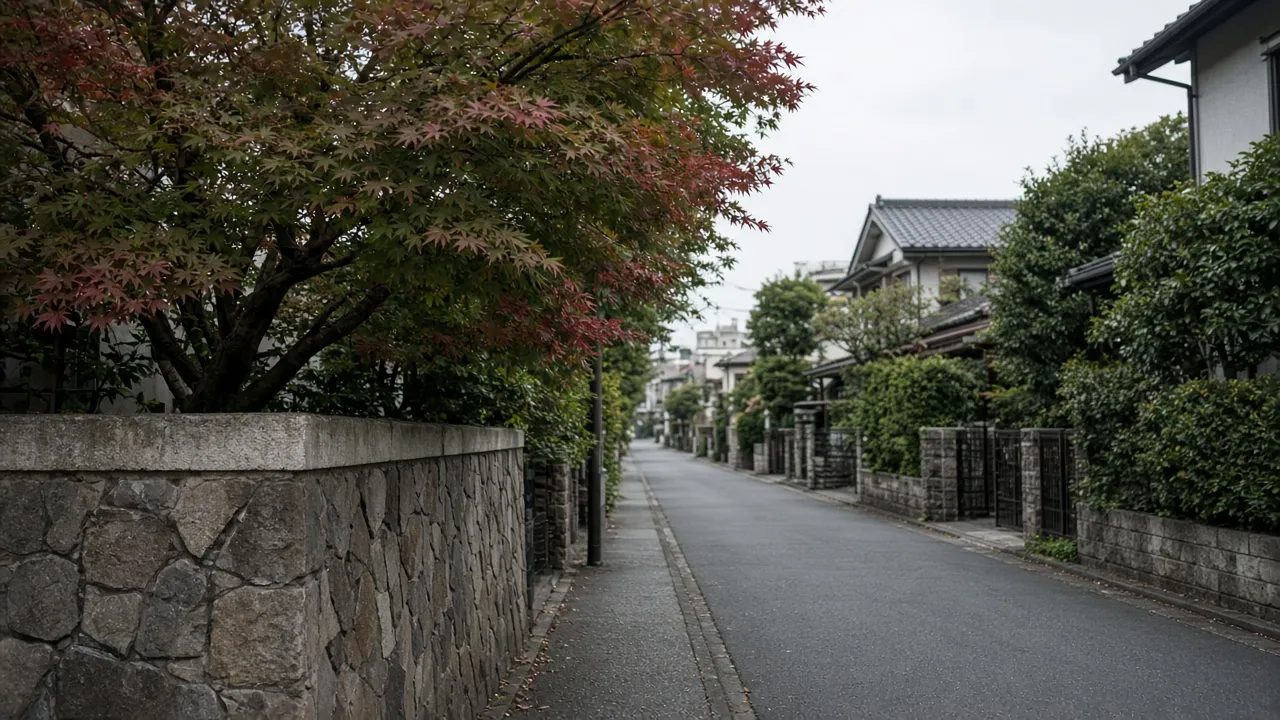 Leafy residential street near Shirokanedai on an overcast day.