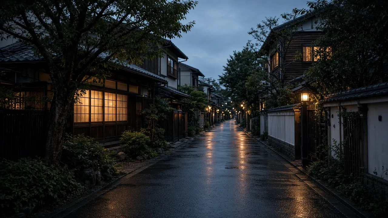 Quiet residential street in Kamiosaki at dusk, with warm light in the windows.